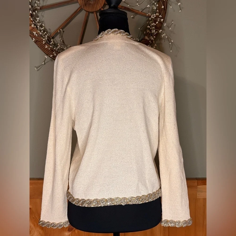 Vintage Chic Cream Cardigan with Gold Jewel Detailing made in USA size 4